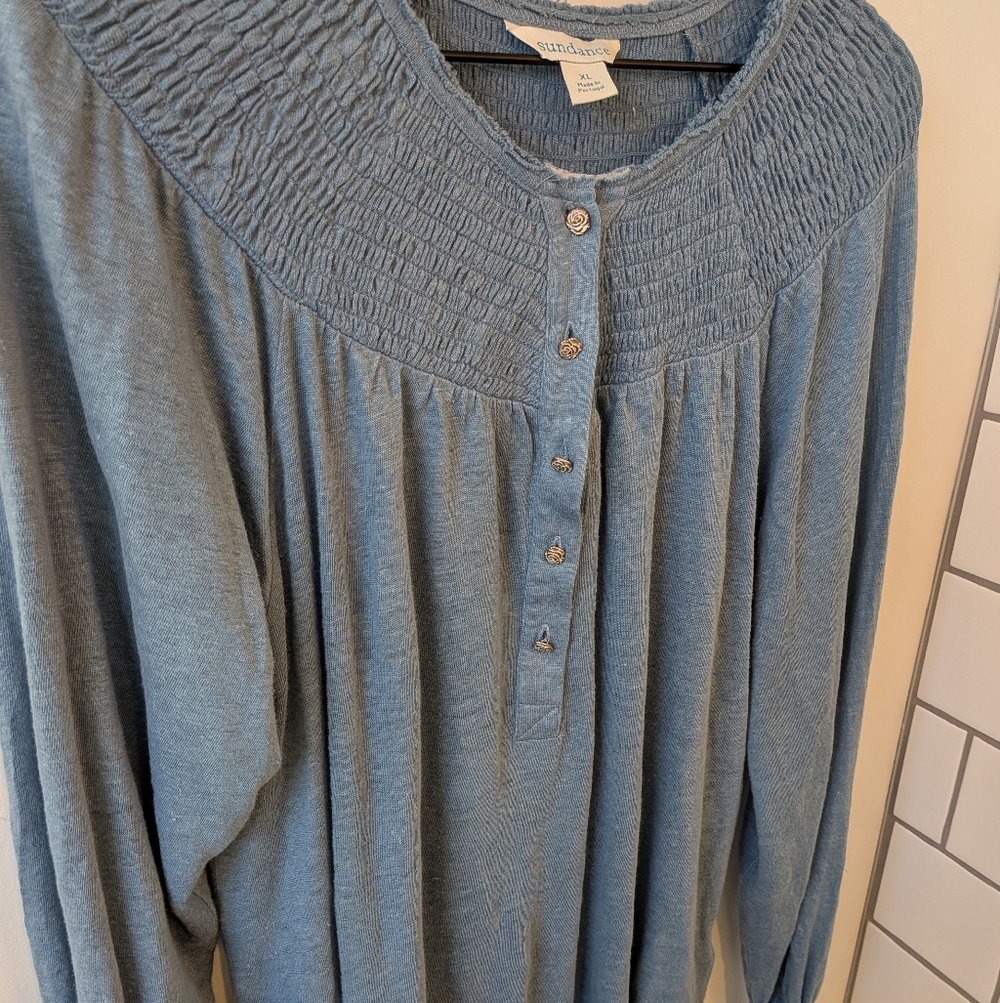 Sundance Women's Blue Linen Smocked Neck Beauty Days Long Sleeve Henley XL - Picture 3 of 8